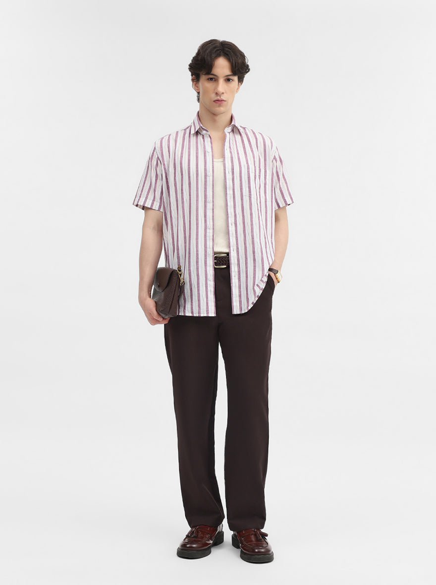 Purple & White Striped Tailored Fit Semi Casual Shirt | JadeBlue