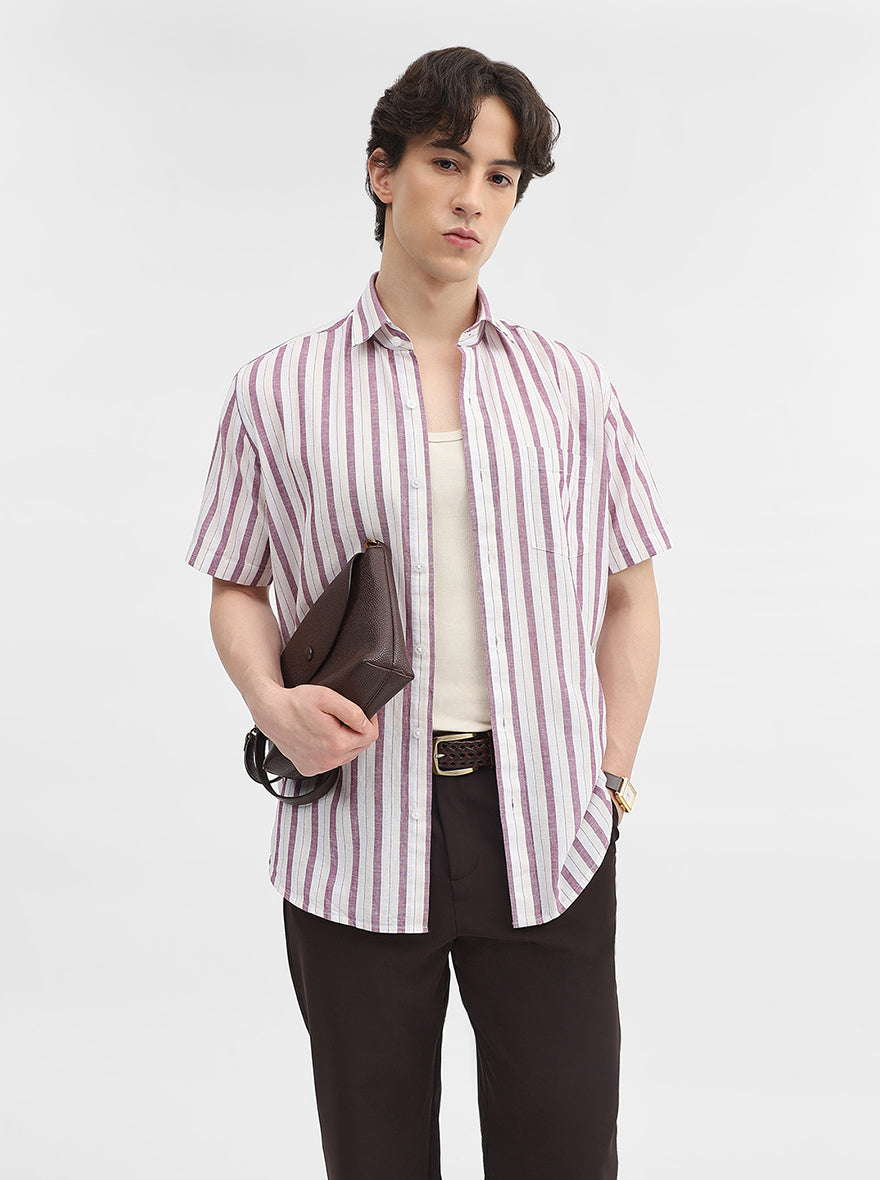 Purple & White Striped Tailored Fit Semi Casual Shirt | JadeBlue
