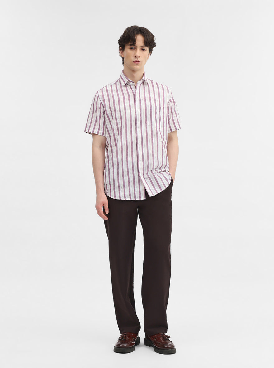 Purple & White Striped Tailored Fit Semi Casual Shirt | JadeBlue