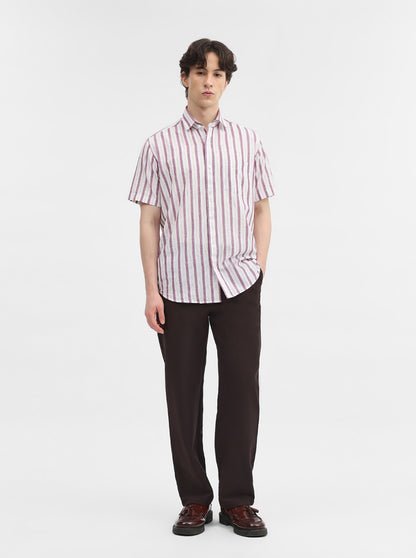 Purple & White Striped Tailored Fit Semi Casual Shirt | JadeBlue