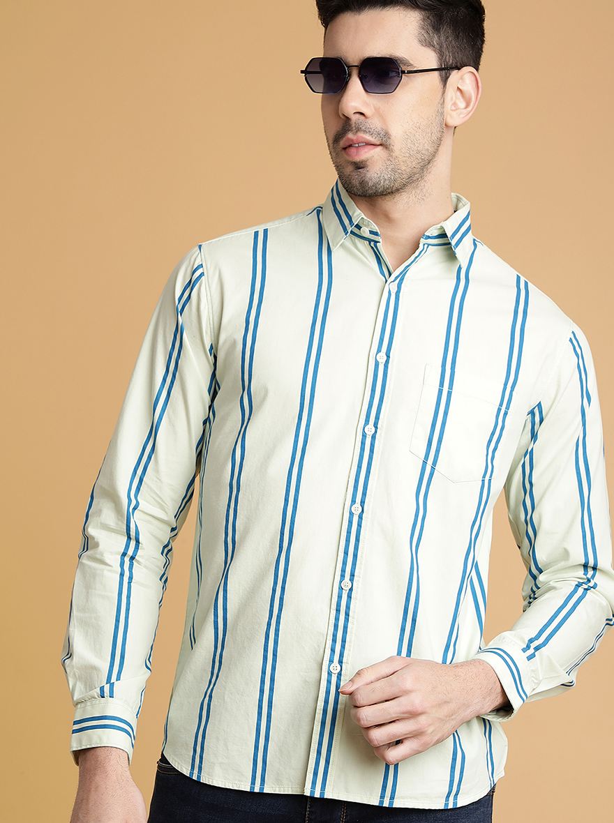 Greenfibre Striped Slim Fit Casual Shirt for Men Mint Green 100
