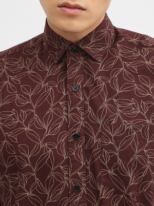 Wine Printed Tailored Fit Semi Casual Shirt | Greenfibre