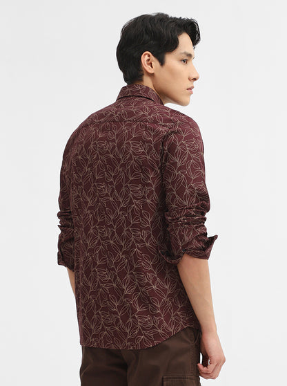 Wine Printed Tailored Fit Semi Casual Shirt | Greenfibre