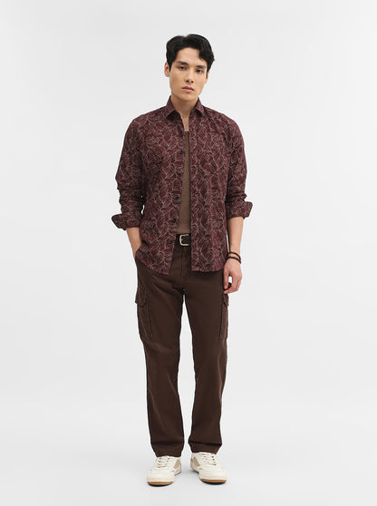 Wine Printed Tailored Fit Semi Casual Shirt | Greenfibre