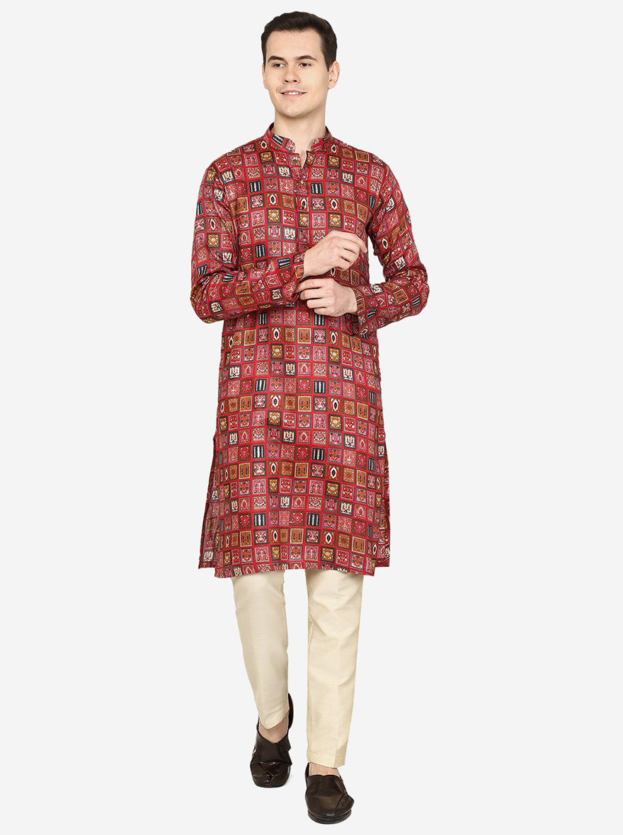 Maroon Printed Cotton Blend Kurta | The Kurta Company