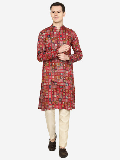 Maroon Printed Cotton Blend Kurta | The Kurta Company