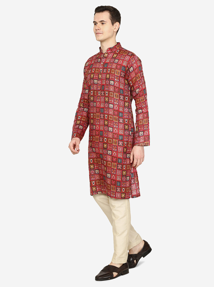 Maroon Printed Cotton Blend Kurta | The Kurta Company