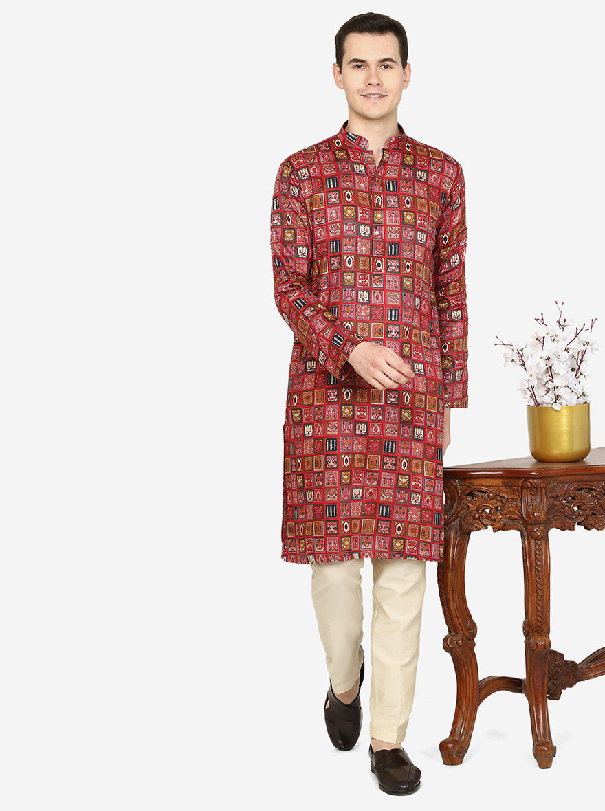 Maroon Printed Cotton Blend Kurta | The Kurta Company