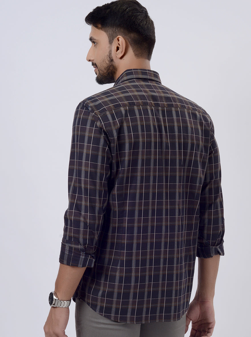 Brown Checked Tailored Fit Semi Casual Shirt | JadeBlue