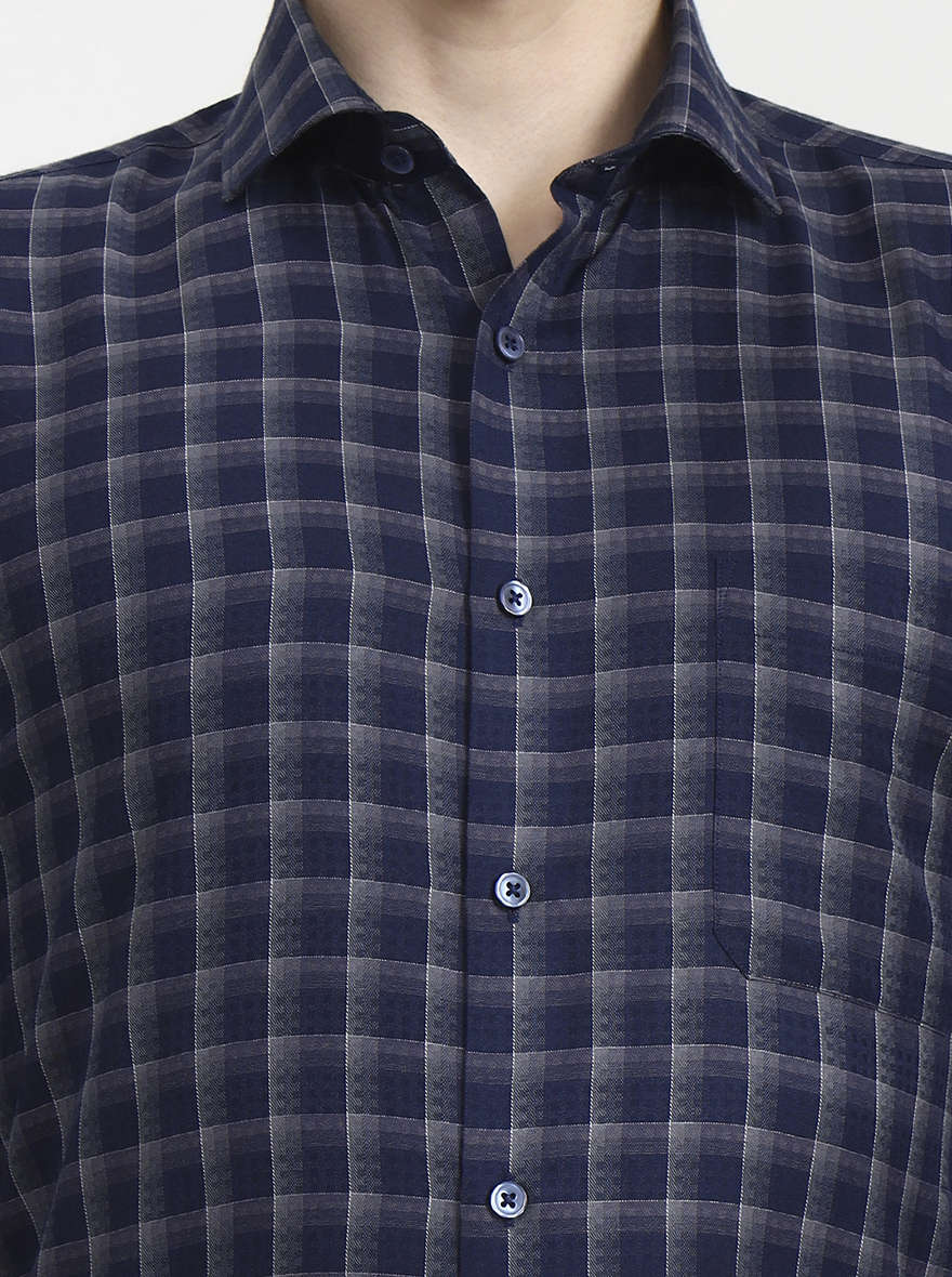 Blue & Grey Checked Slim Fit Formal Shirt | Greenfibre