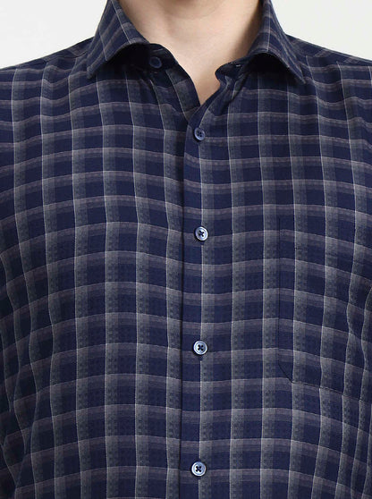 Blue & Grey Checked Slim Fit Formal Shirt | Greenfibre