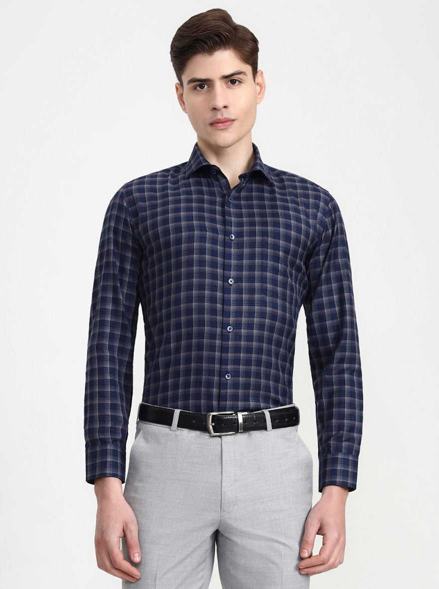 Blue & Grey Checked Slim Fit Formal Shirt | Greenfibre