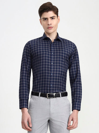 Blue & Grey Checked Slim Fit Formal Shirt | Greenfibre