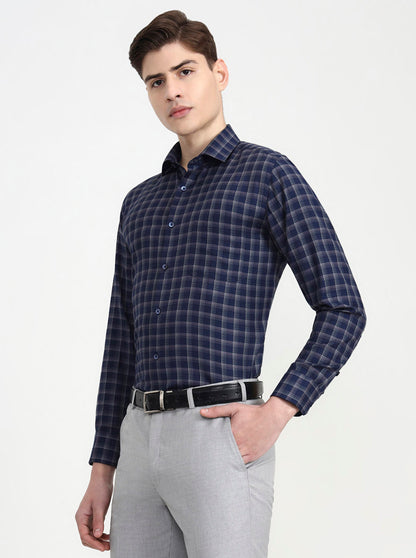 Blue & Grey Checked Slim Fit Formal Shirt | Greenfibre