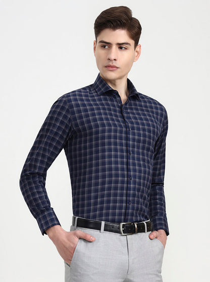 Blue & Grey Checked Slim Fit Formal Shirt | Greenfibre