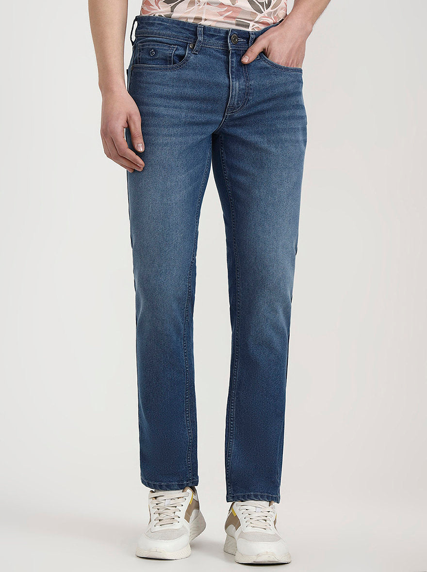 Mid Indigo Blue Solid Straight Fit Jeans | Greenfibre