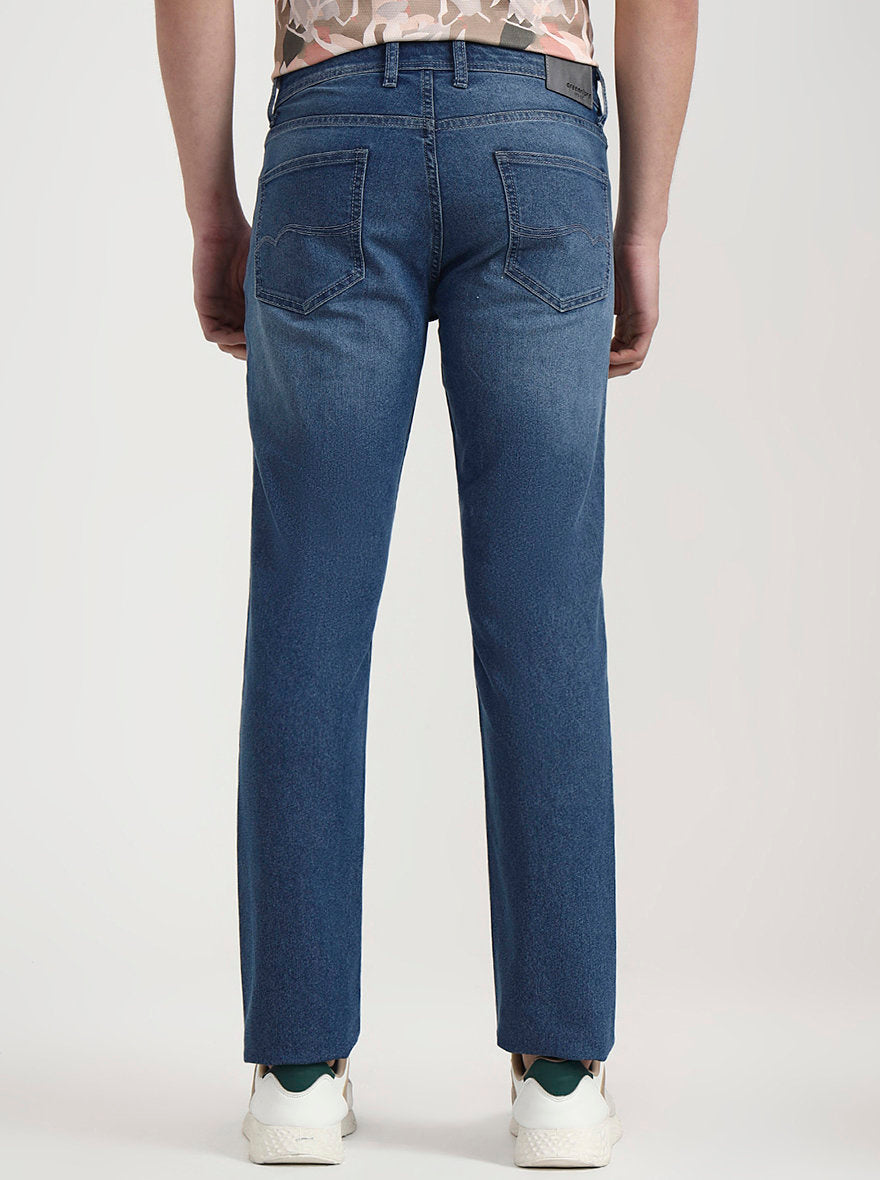 Mid Indigo Blue Solid Straight Fit Jeans | Greenfibre