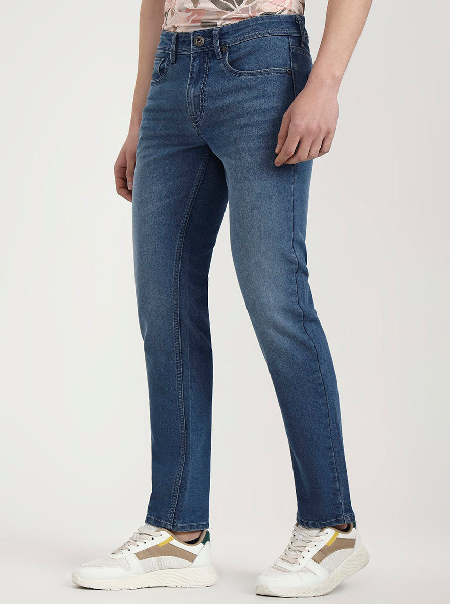 Mid Indigo Blue Solid Straight Fit Jeans | Greenfibre