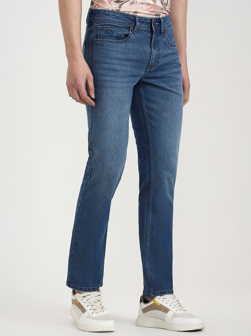 Mid Indigo Blue Solid Straight Fit Jeans | Greenfibre