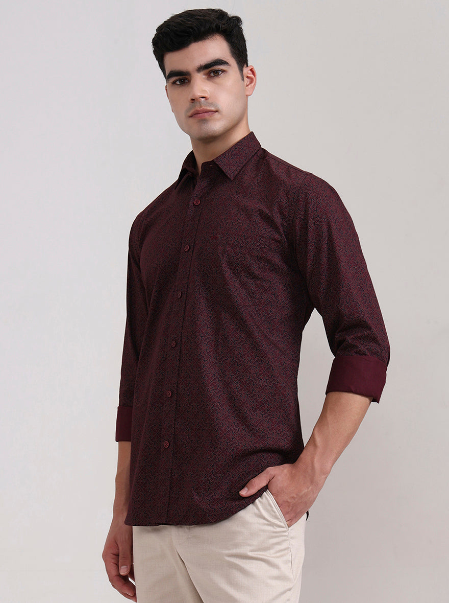 Maroon Printed Tailored Fit Semi Casual Shirt | JadeBlue