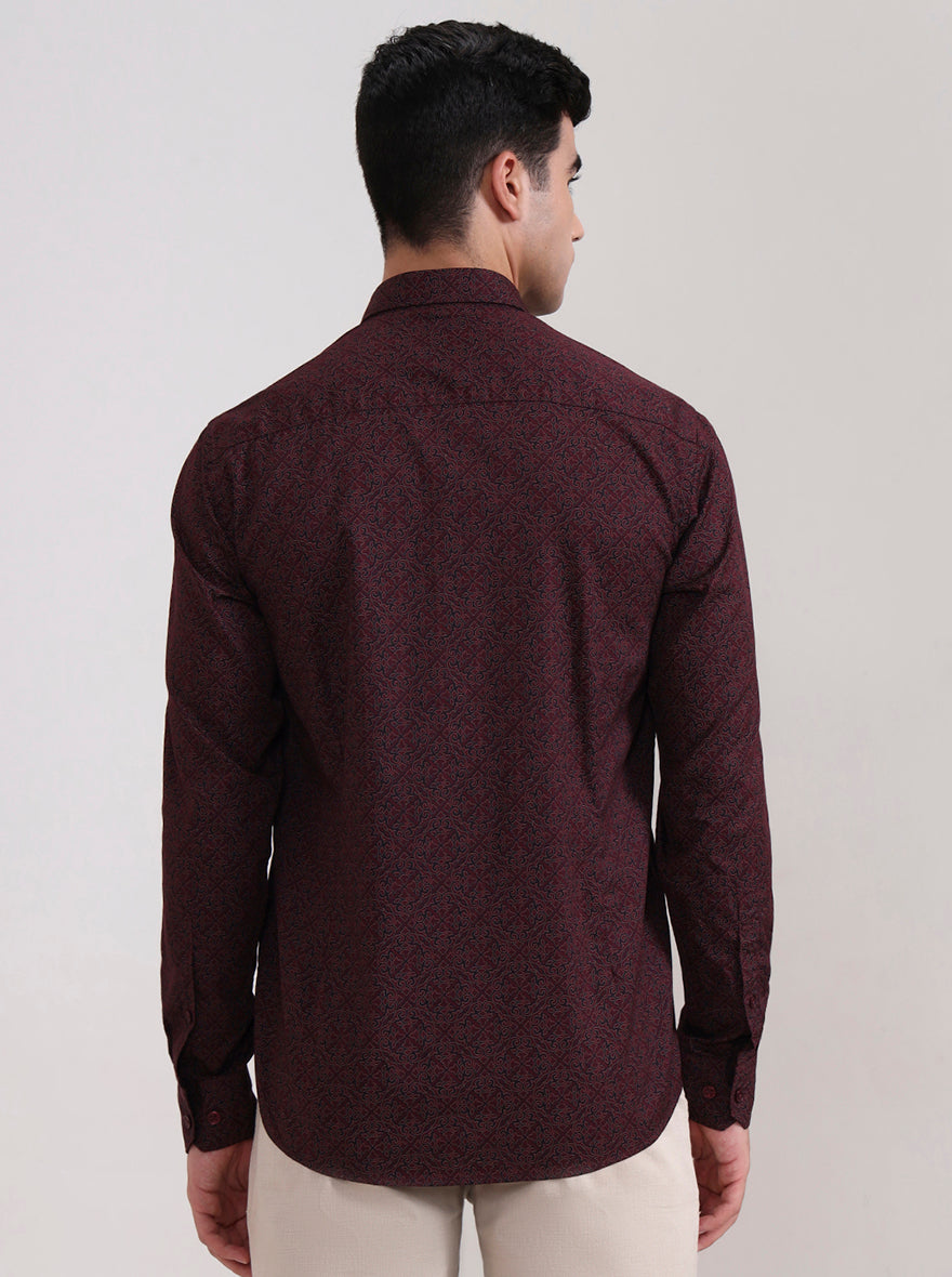 Maroon Printed Tailored Fit Semi Casual Shirt | JadeBlue