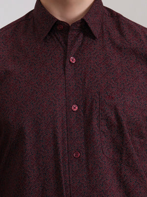 Maroon Printed Tailored Fit Semi Casual Shirt | JadeBlue