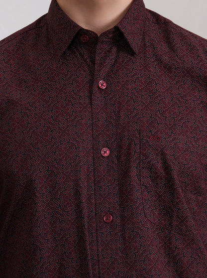 Maroon Printed Tailored Fit Semi Casual Shirt | JadeBlue