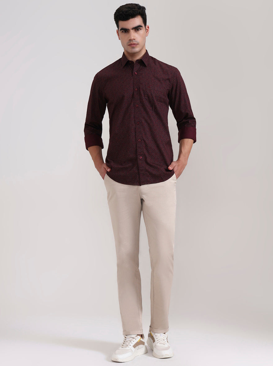 Maroon Printed Tailored Fit Semi Casual Shirt | JadeBlue