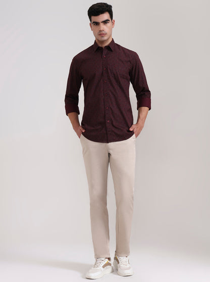 Maroon Printed Tailored Fit Semi Casual Shirt | JadeBlue