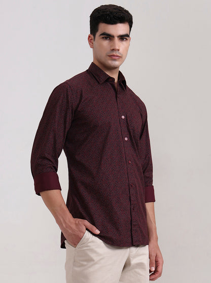 Maroon Printed Tailored Fit Semi Casual Shirt | JadeBlue