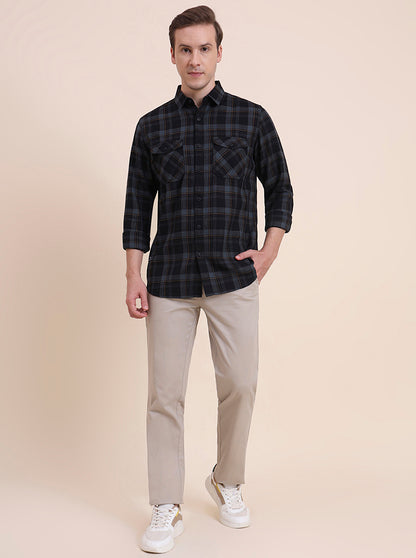 Blue Checked Slim Fit Casual Shirt | JadeBlue