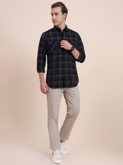 Blue Checked Slim Fit Casual Shirt | JadeBlue