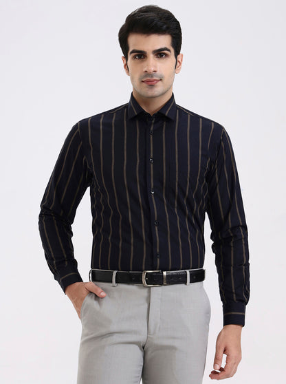Navy Blue Striped Slim Fit Formal Shirt | Metal