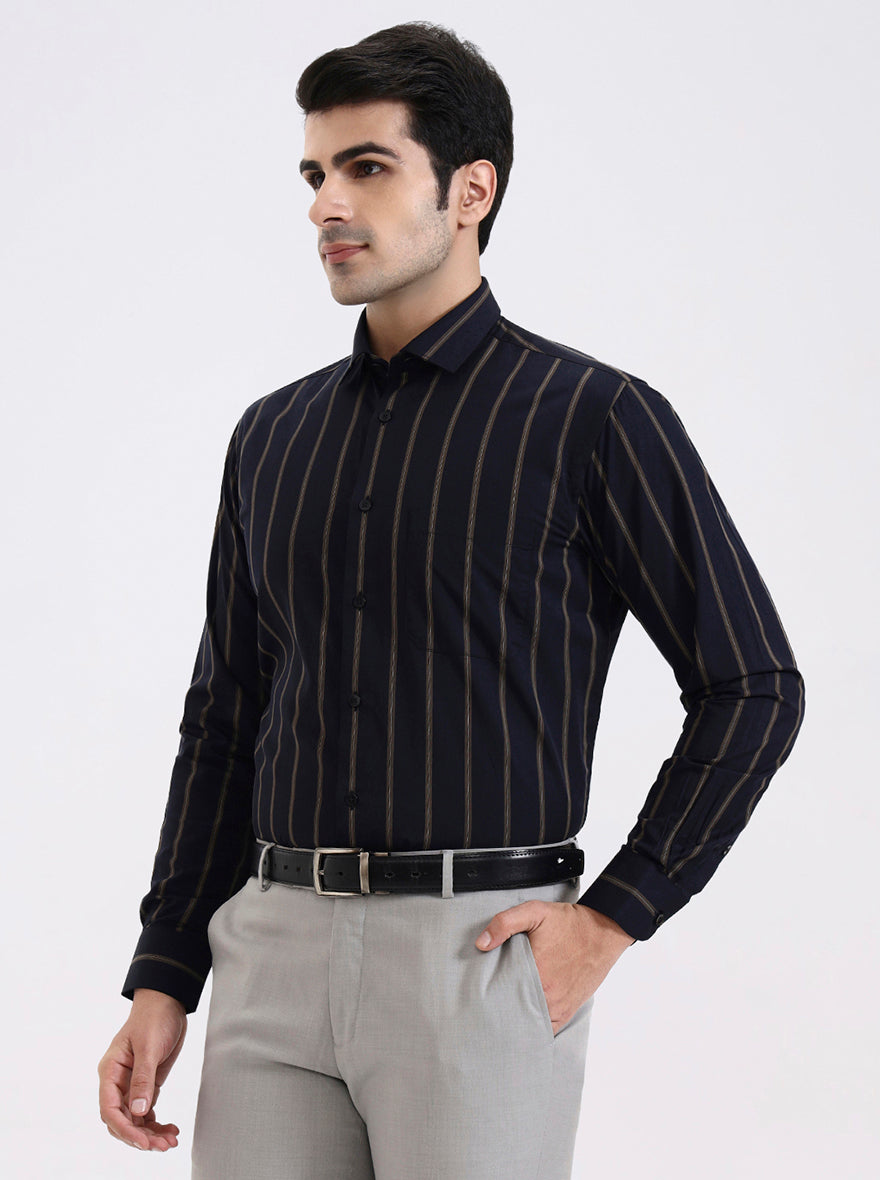 Navy Blue Striped Slim Fit Formal Shirt | Metal