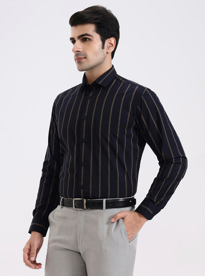 Navy Blue Striped Slim Fit Formal Shirt | Metal