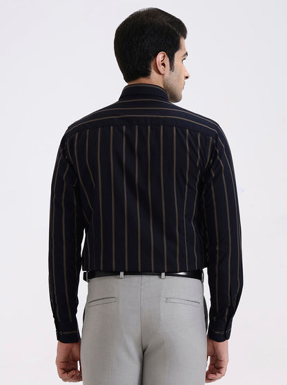 Navy Blue Striped Slim Fit Formal Shirt | Metal