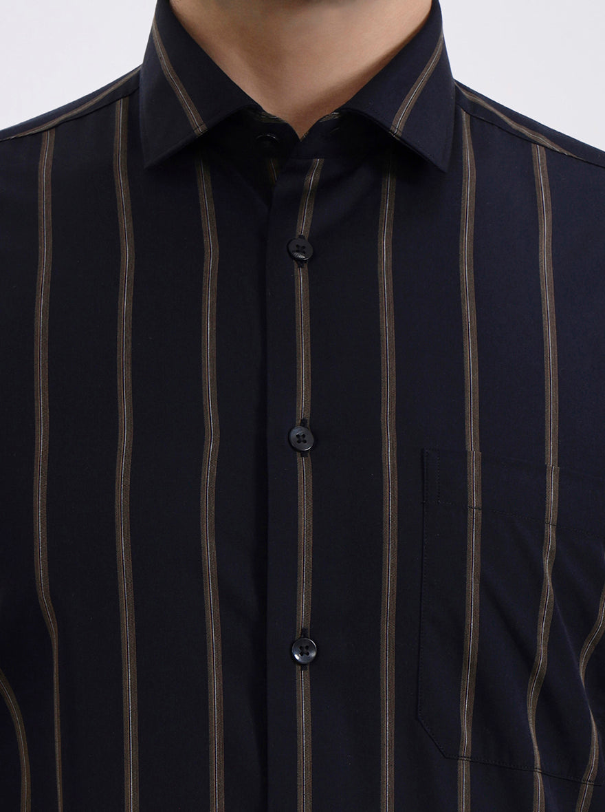 Navy Blue Striped Slim Fit Formal Shirt | Metal
