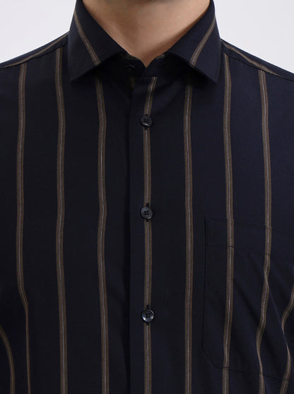Navy Blue Striped Slim Fit Formal Shirt | Metal
