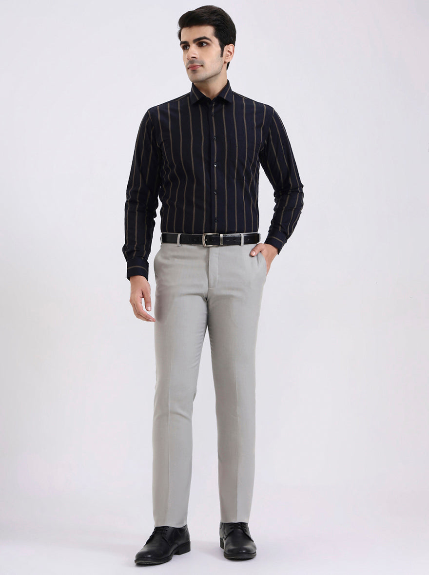 Navy Blue Striped Slim Fit Formal Shirt | Metal