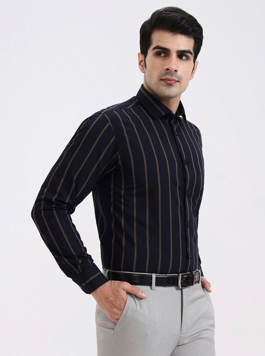 Navy Blue Striped Slim Fit Formal Shirt | Metal