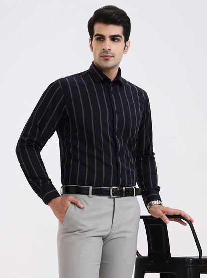 Navy Blue Striped Slim Fit Formal Shirt | Metal