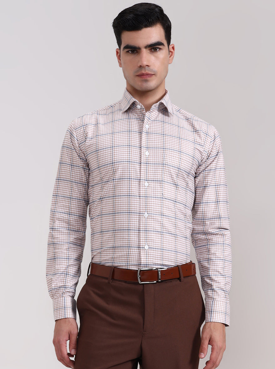 Fawn & Blue Checked Slim Fit Formal Shirt | Metal
