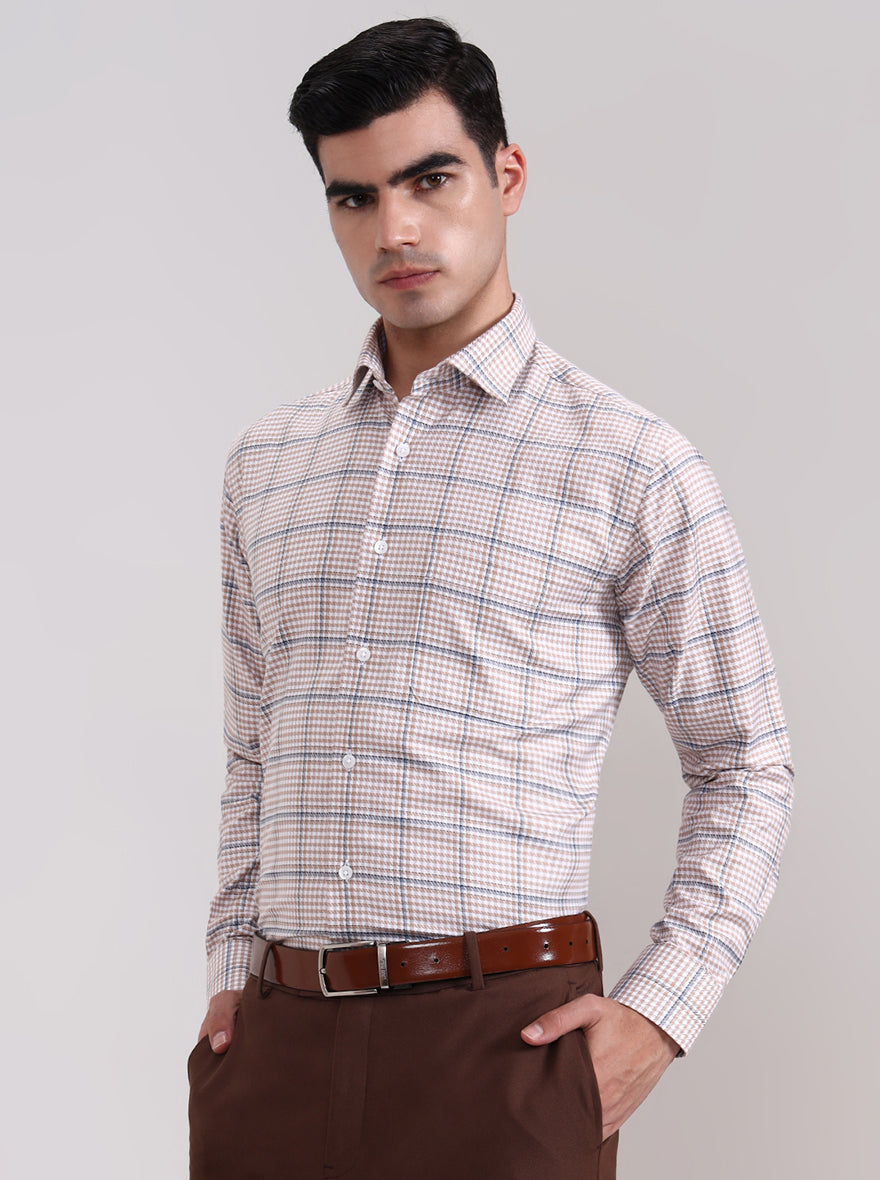 Fawn & Blue Checked Slim Fit Formal Shirt | Metal