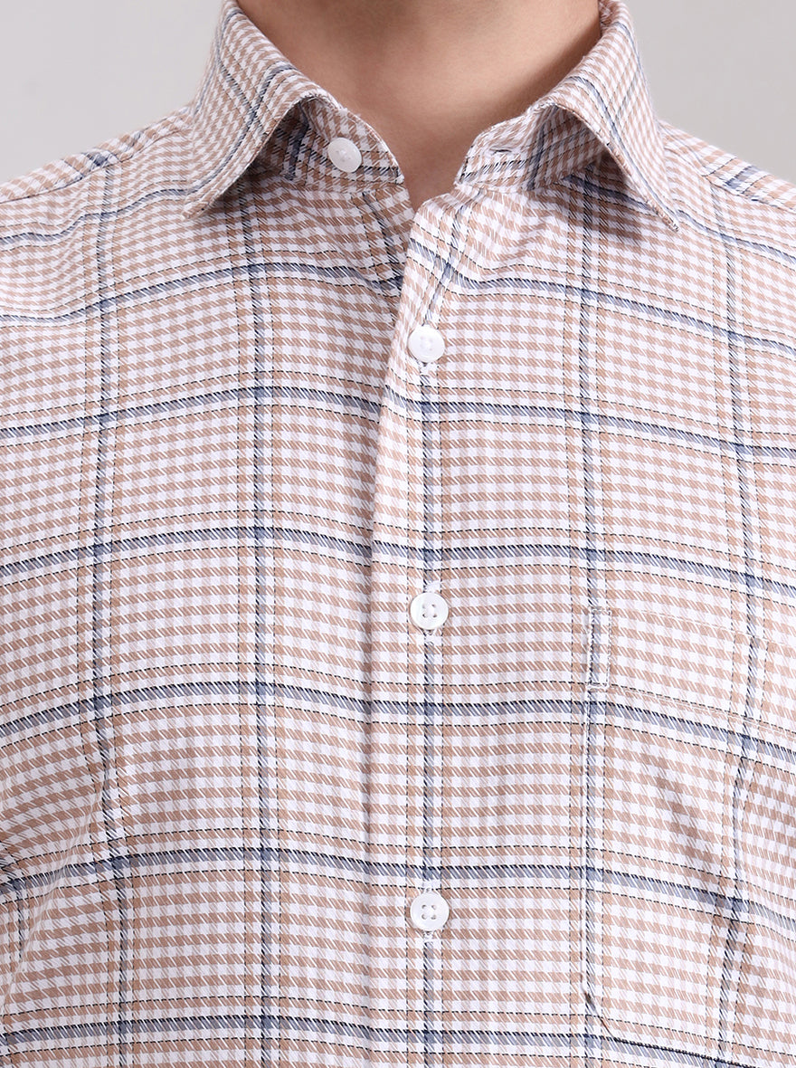 Fawn & Blue Checked Slim Fit Formal Shirt | Metal