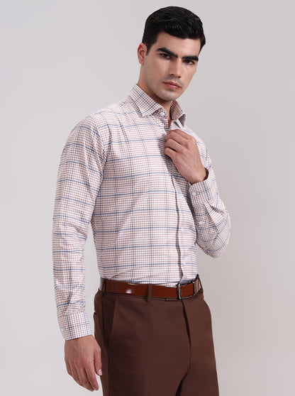 Fawn & Blue Checked Slim Fit Formal Shirt | Metal