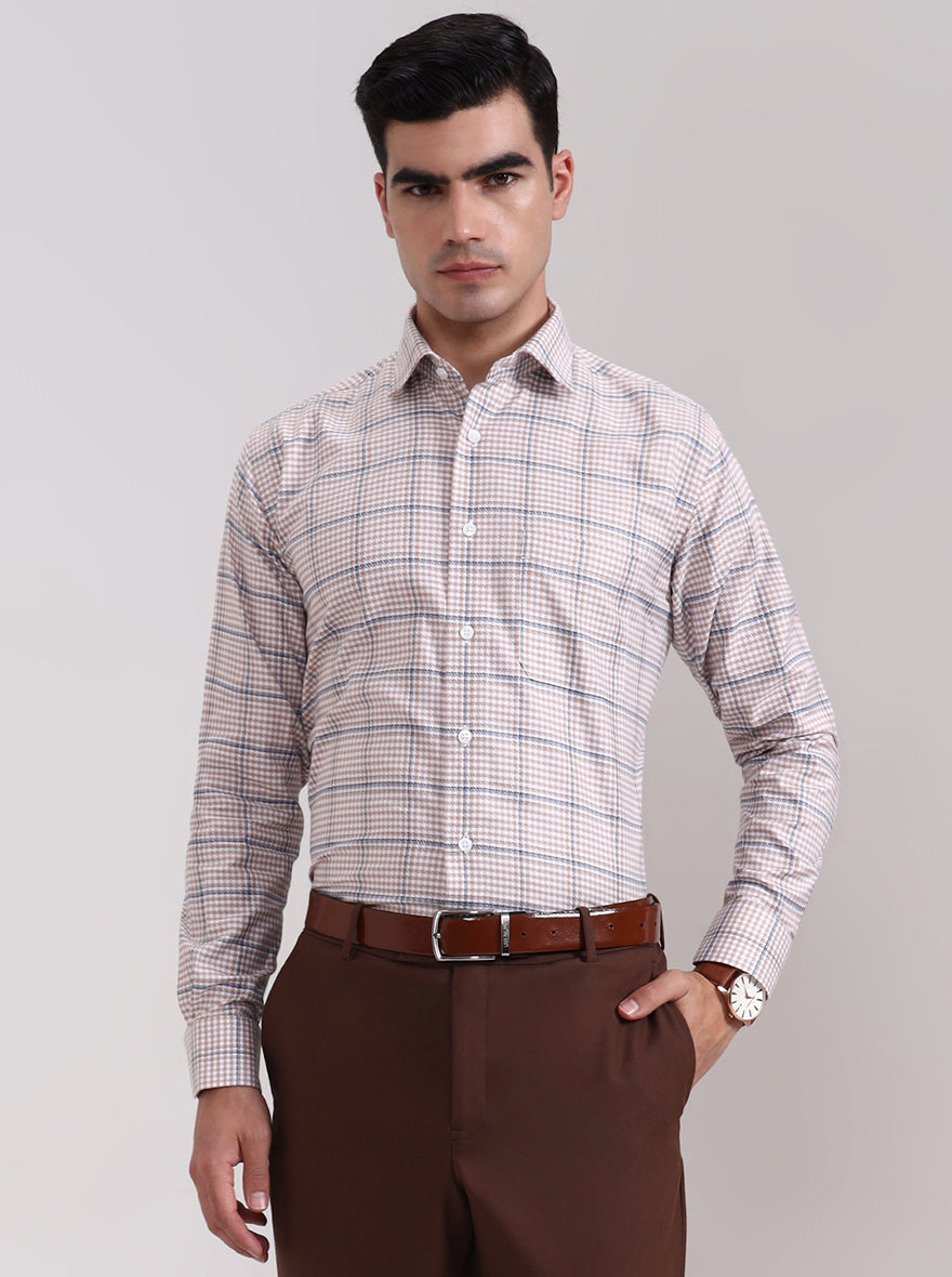 Fawn & Blue Checked Slim Fit Formal Shirt | Metal