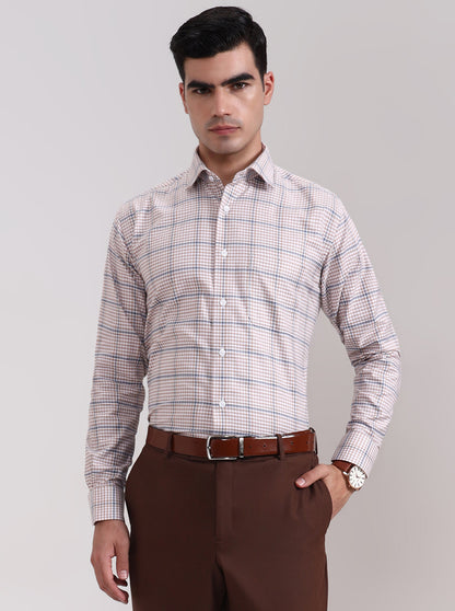 Fawn & Blue Checked Slim Fit Formal Shirt | Metal