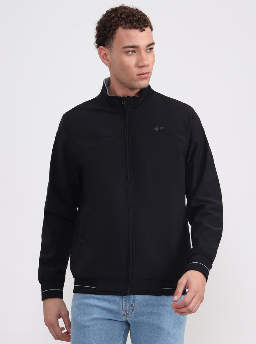 Black & Light Grey Solid Slim Fit Winter Jacket | Greenfibre