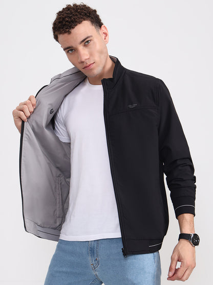 Black & Light Grey Solid Slim Fit Winter Jacket | Greenfibre
