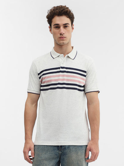 Ecru Grey & Blue Striped Slim Fit Polo T-Shirt | Greenfibre